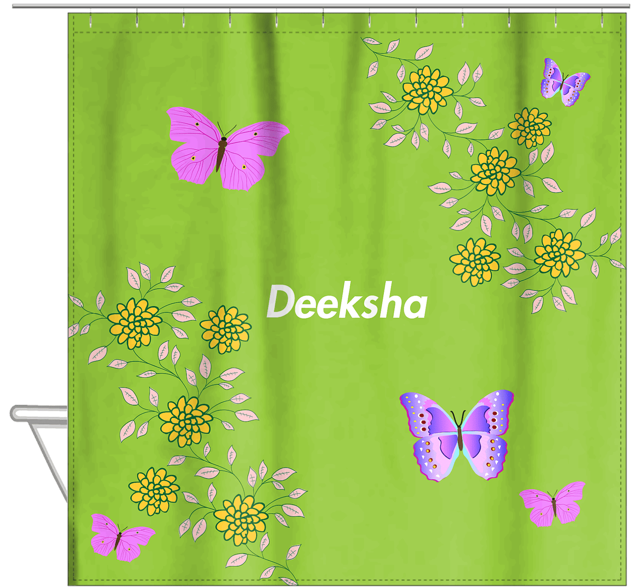 Personalized Butterfly Shower Curtain IX - Green Background - Pink Butterflies III - Hanging View