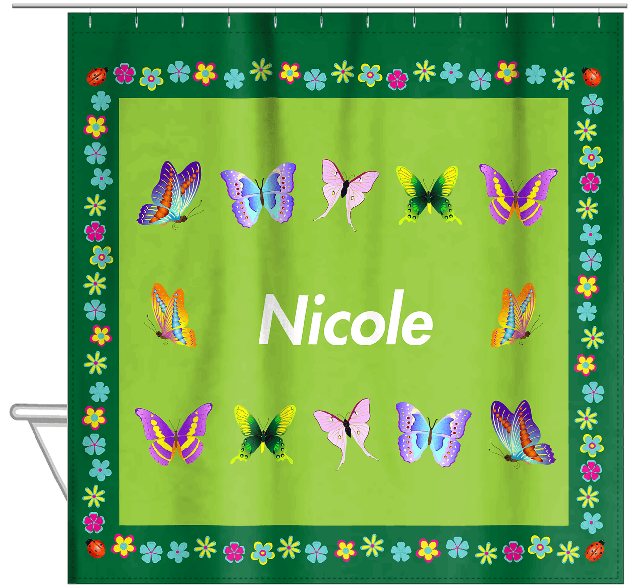 Personalized Butterfly Shower Curtain X - Green Background - Butterflies I - Hanging View