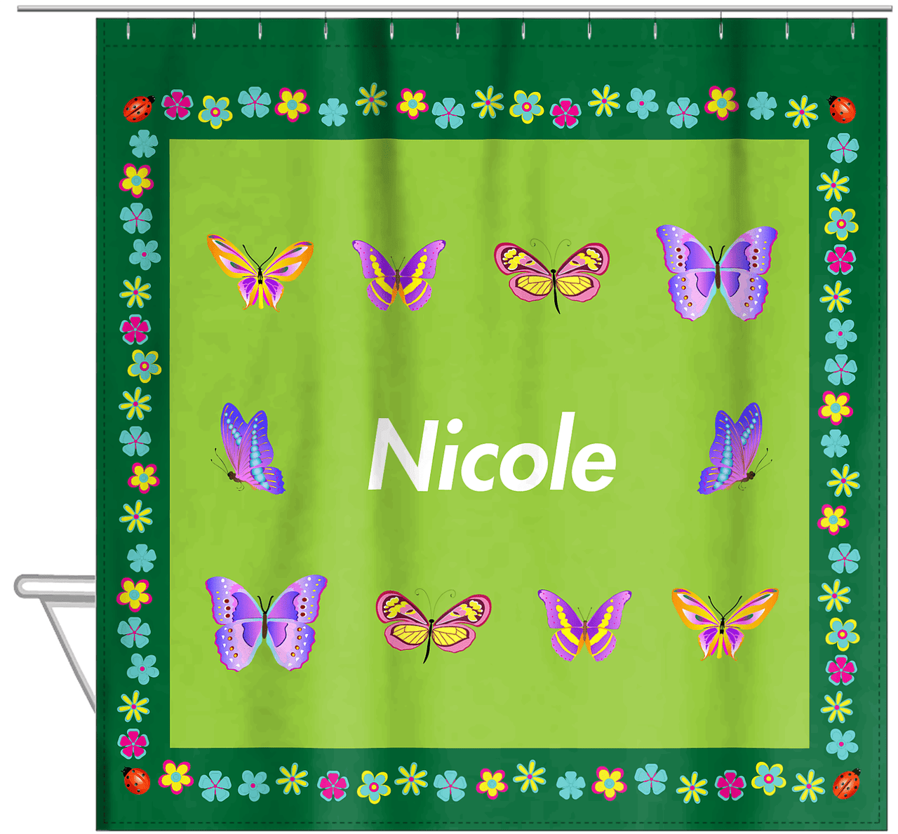Personalized Butterfly Shower Curtain X - Green Background - Butterflies II - Hanging View