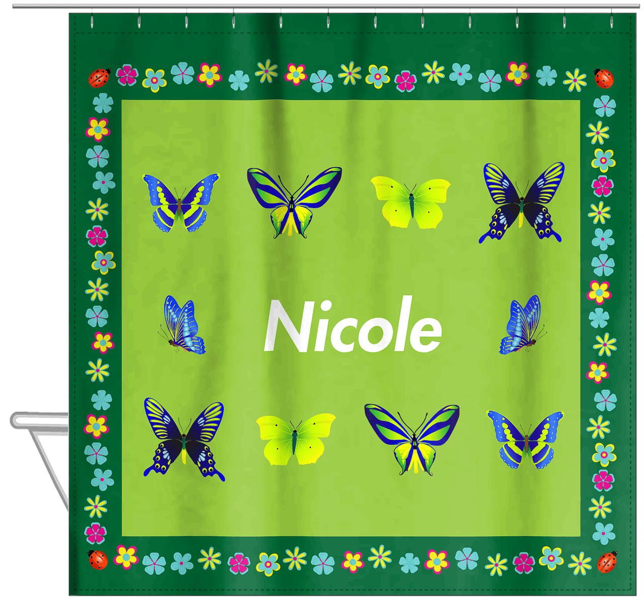 Personalized Butterfly Shower Curtain X - Green Background - Butterflies III - Hanging View