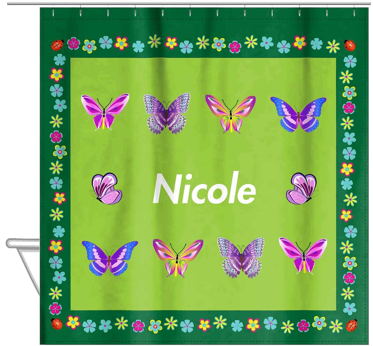 Personalized Butterfly Shower Curtain X - Green Background - Butterflies IV - Hanging View