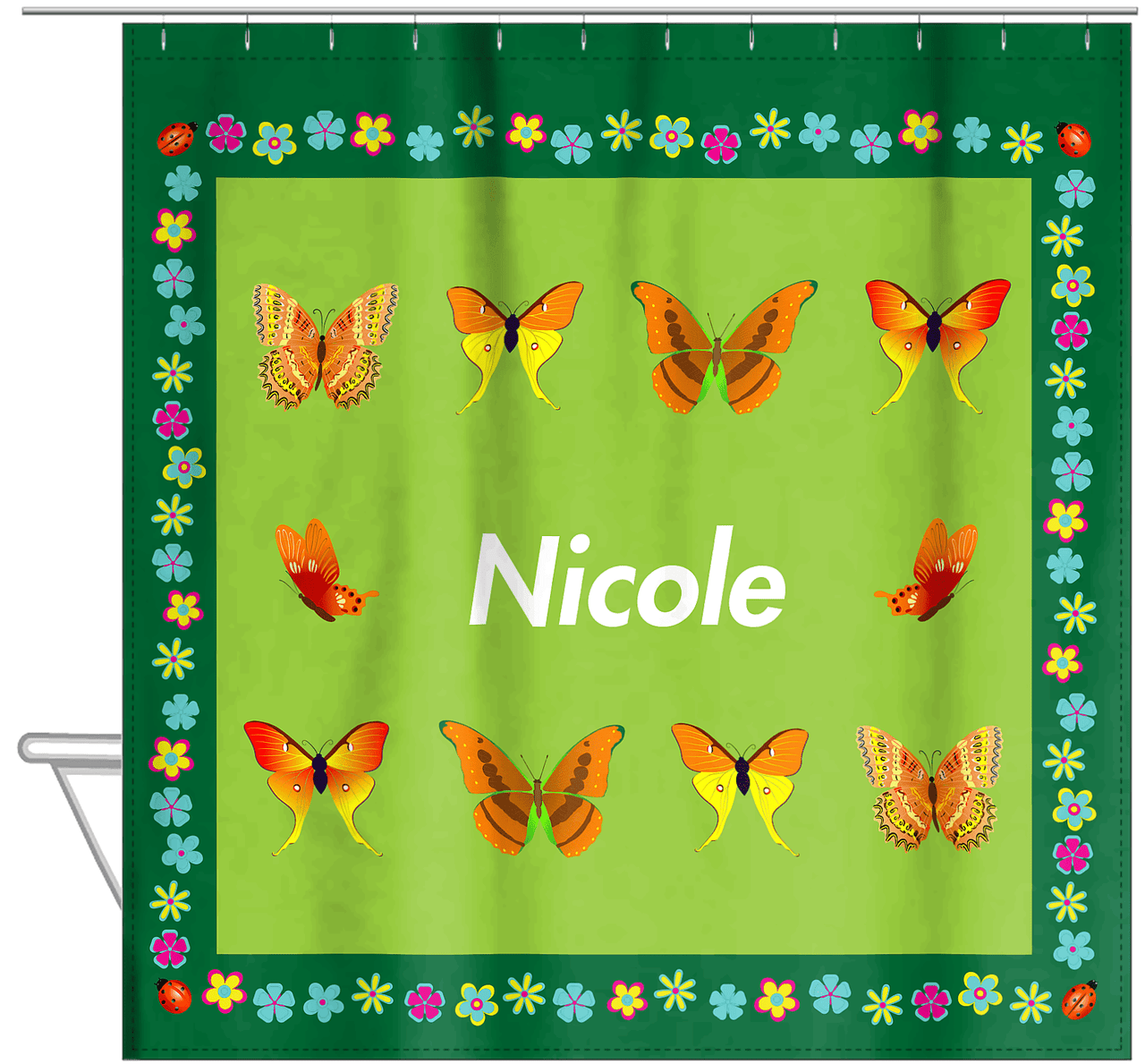 Personalized Butterfly Shower Curtain X - Green Background - Butterflies V - Hanging View
