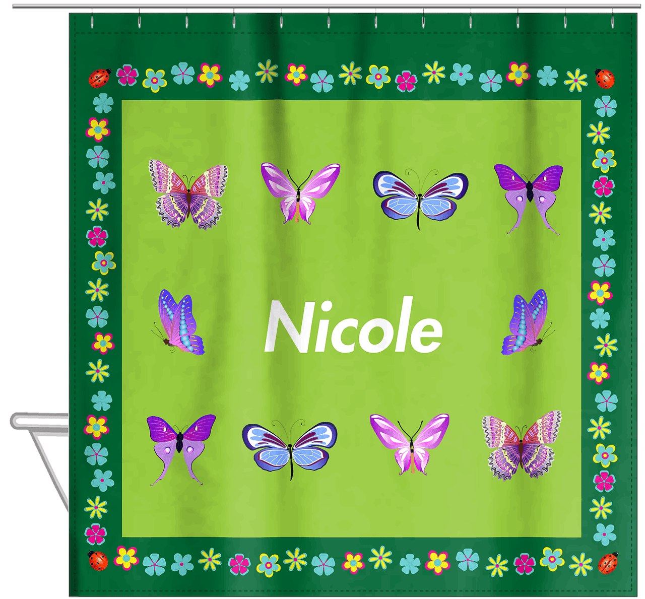 Personalized Butterfly Shower Curtain X - Green Background - Butterflies VI - Hanging View
