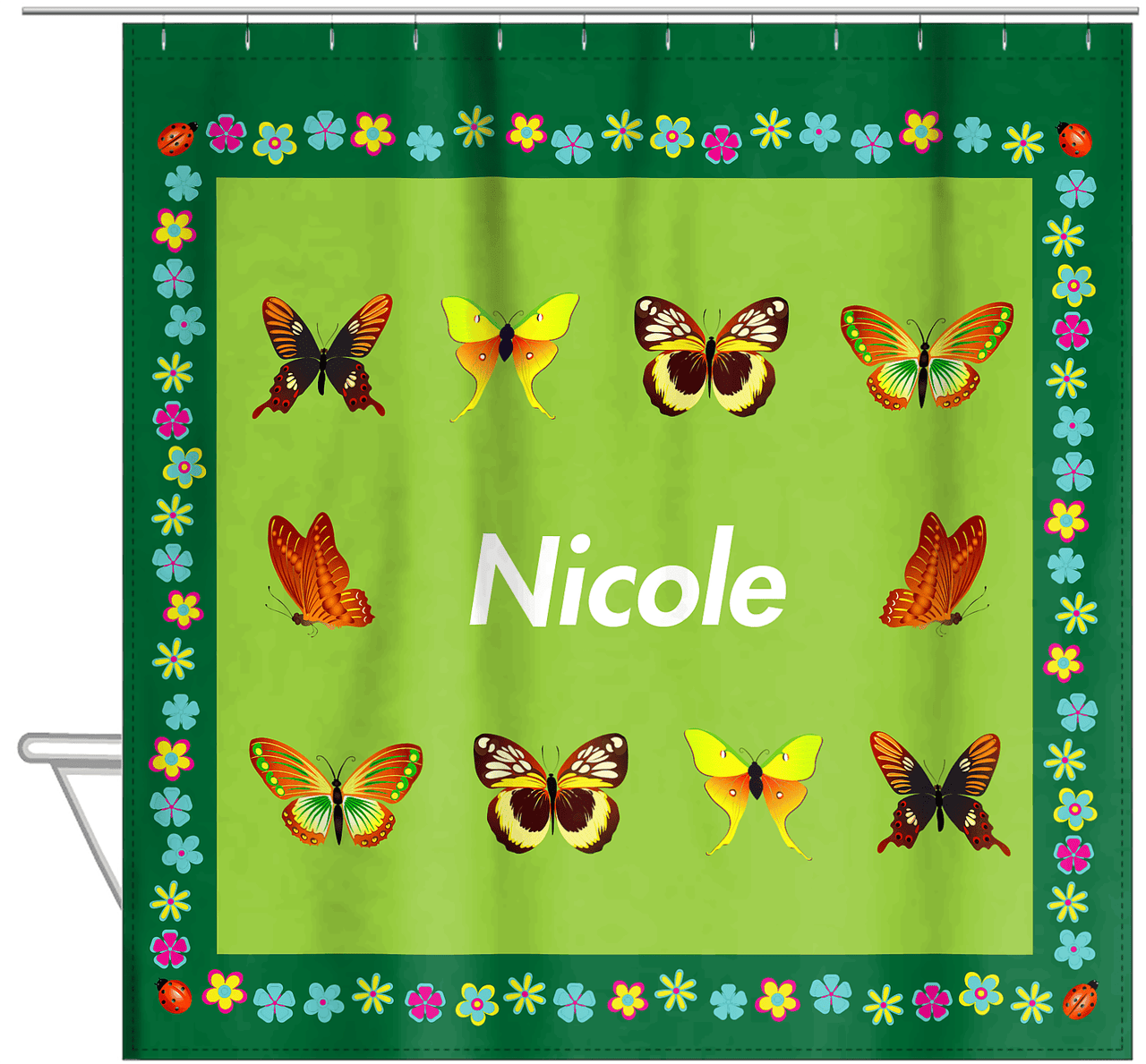 Personalized Butterfly Shower Curtain X - Green Background - Butterflies VII - Hanging View