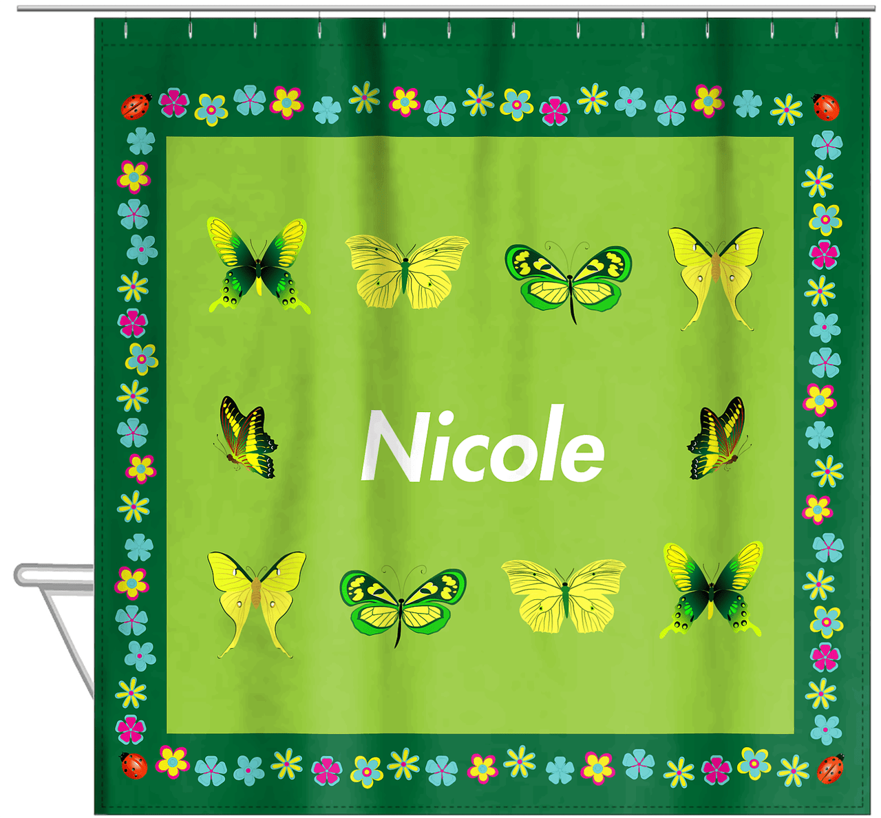Personalized Butterfly Shower Curtain X - Green Background - Butterflies VIII - Hanging View