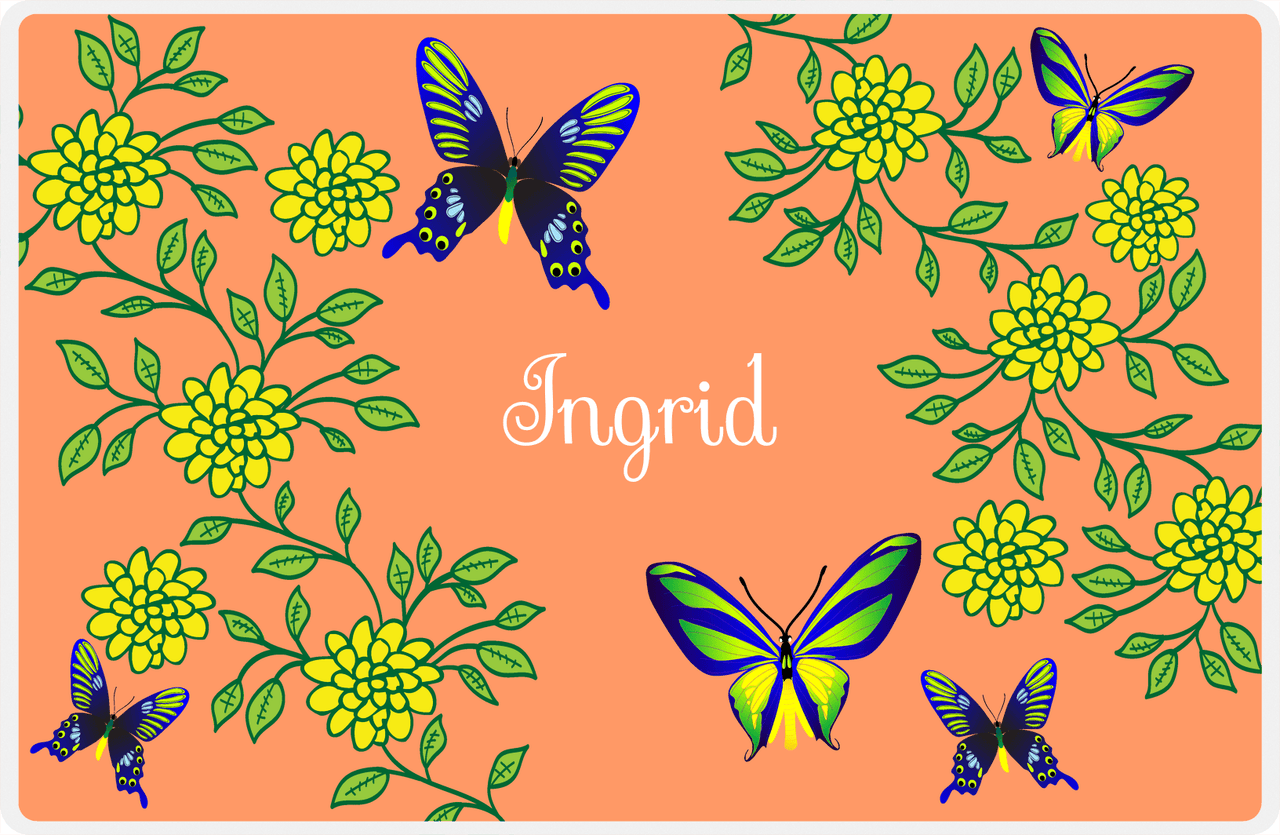 Personalized Butterfly Placemat IX - Orange Background - Blue Butterflies I -  View