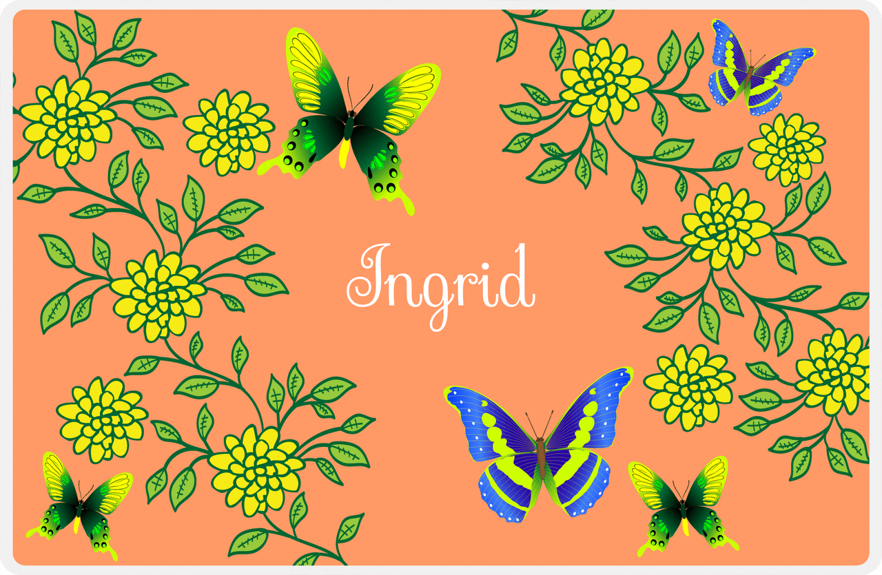 Personalized Butterfly Placemat IX - Orange Background - Green Butterflies II -  View