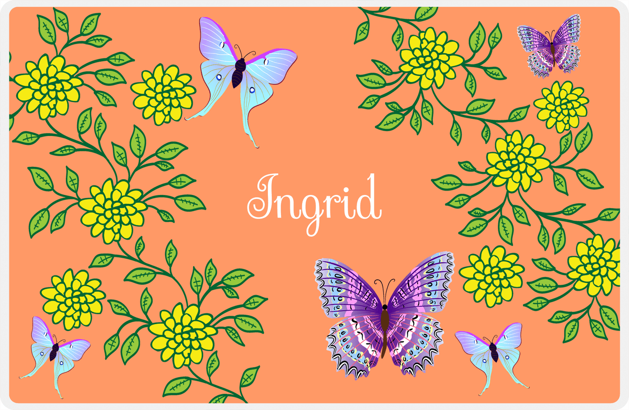 Personalized Butterfly Placemat IX - Orange Background - Purple Butterflies III -  View