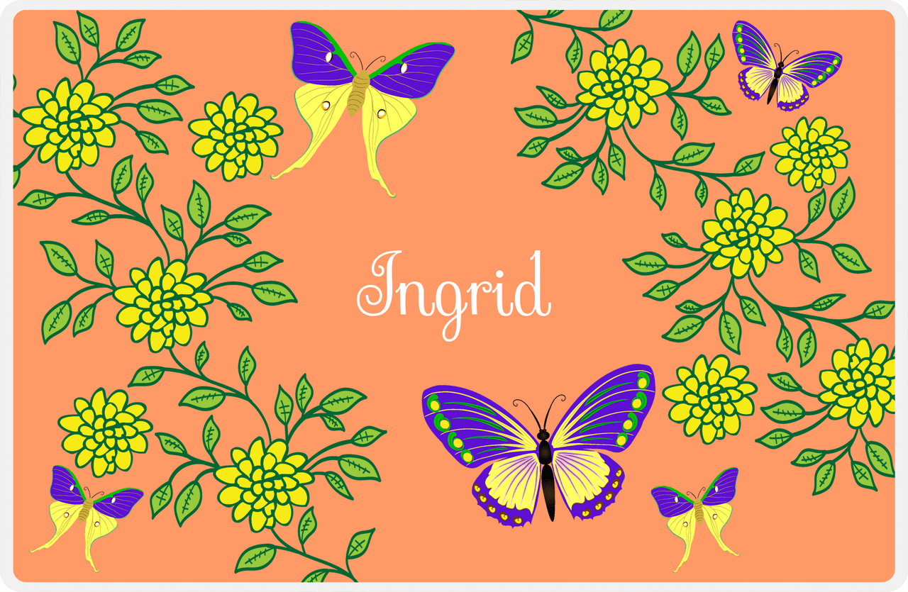 Personalized Butterfly Placemat IX - Orange Background - Purple Butterflies IV -  View