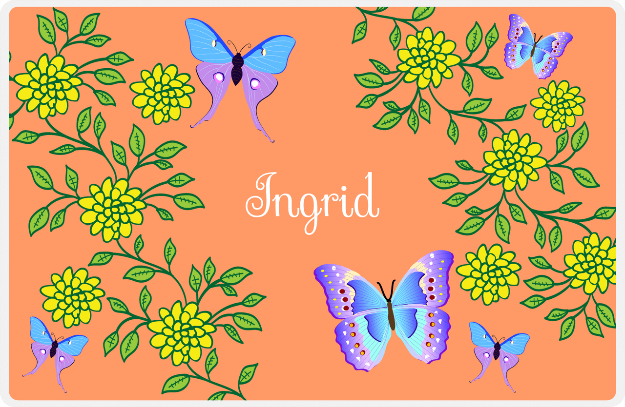 Personalized Butterfly Placemat IX - Orange Background - Blue Butterflies III -  View