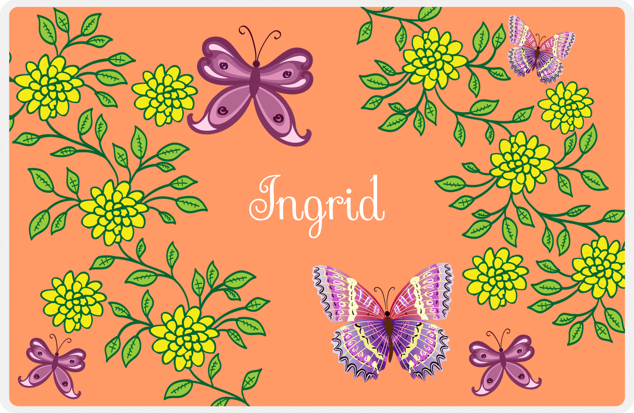 Personalized Butterfly Placemat IX - Orange Background - Purple Butterflies VI -  View