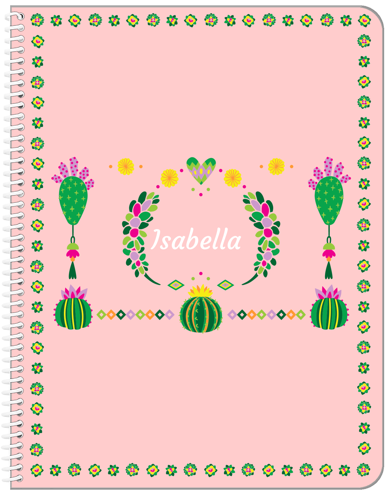 Personalized Cactus / Succulent Notebook IV - Cactus Wreath - Pink Background - Front View