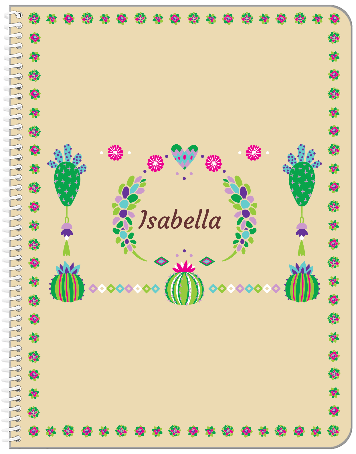 Personalized Cactus / Succulent Notebook IV - Cactus Wreath - Tan Background - Front View