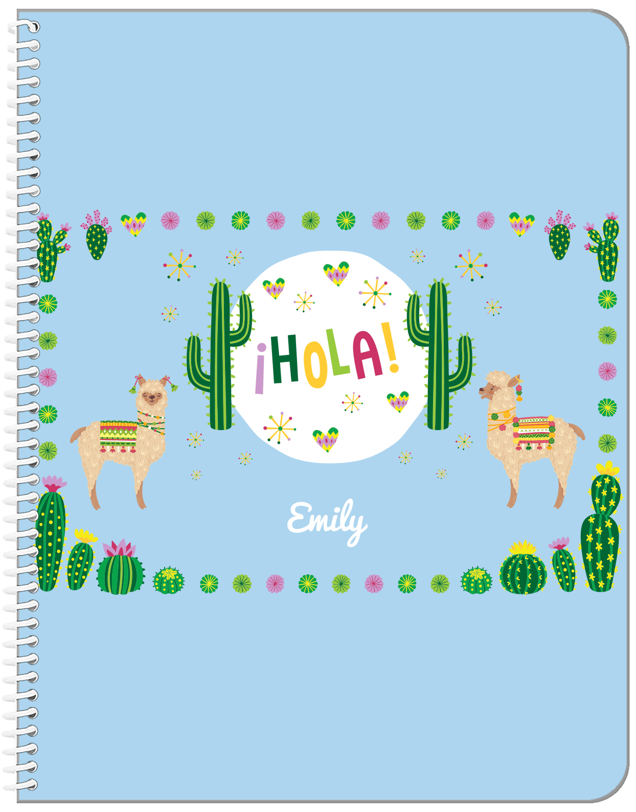 Personalized Cactus / Succulent Notebook VII - Hola Alpaca - Blue Background - Front View