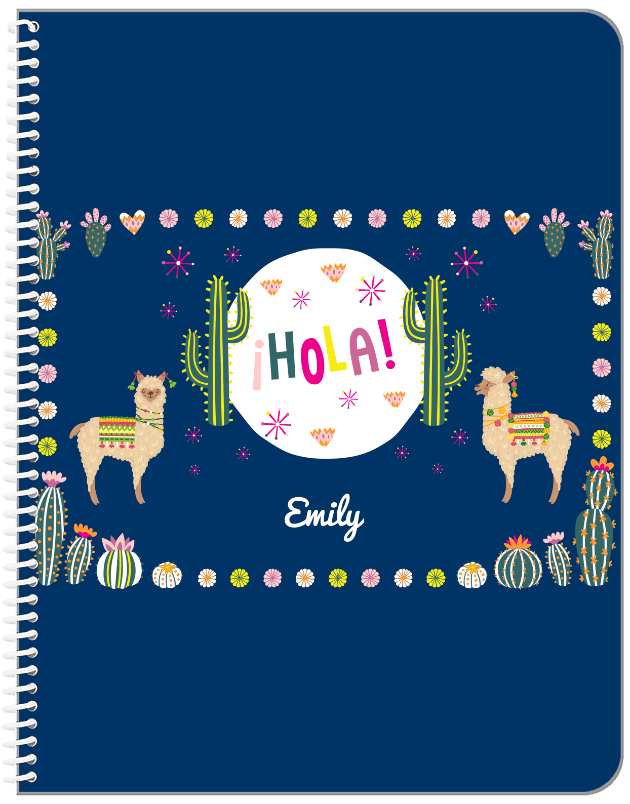 Personalized Cactus / Succulent Notebook VII - Hola Alpaca - Navy Background - Front View