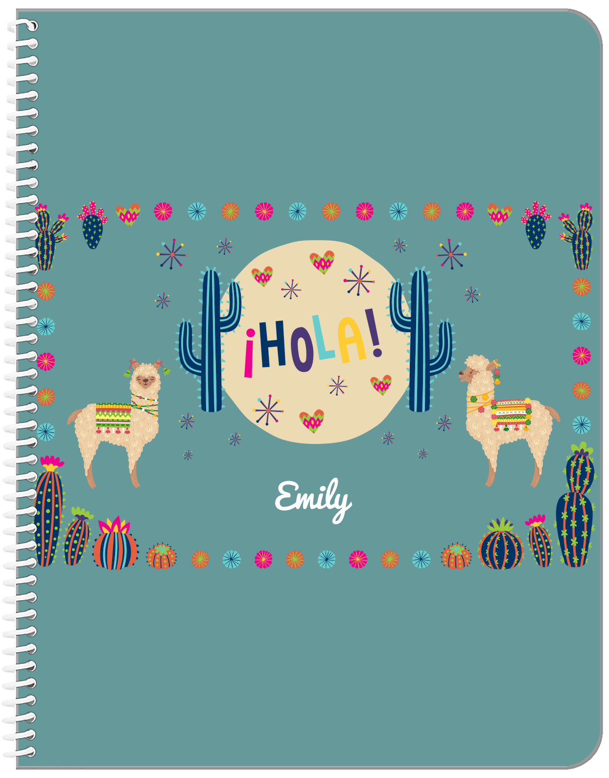 Personalized Cactus / Succulent Notebook VII - Hola Alpaca - Teal Background - Front View