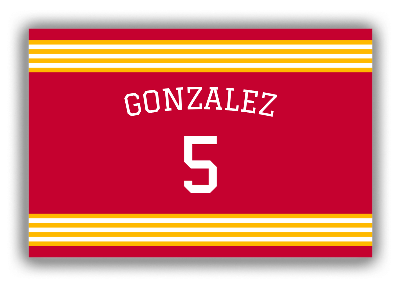 Personalized Canvas Wrap & Photo Print - Jersey Number with Arched Name - Red and Yellow - Triple Stripe - Front View