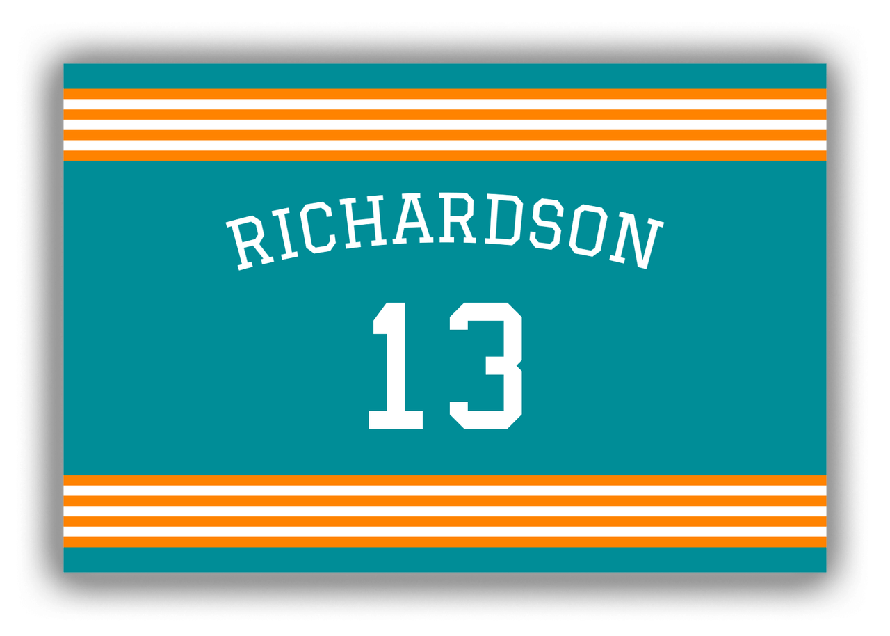 Personalized Canvas Wrap & Photo Print - Jersey Number with Arched Name - Teal and Orange - Triple Stripe - Front View