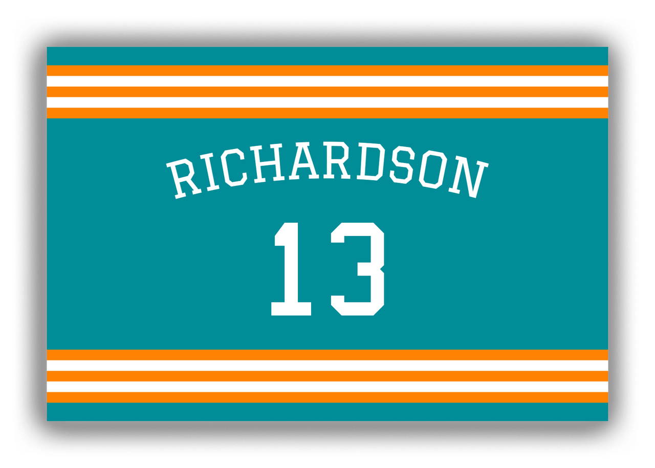 Personalized Canvas Wrap & Photo Print - Jersey Number with Arched Name - Teal and Orange - Double Stripe - Front View