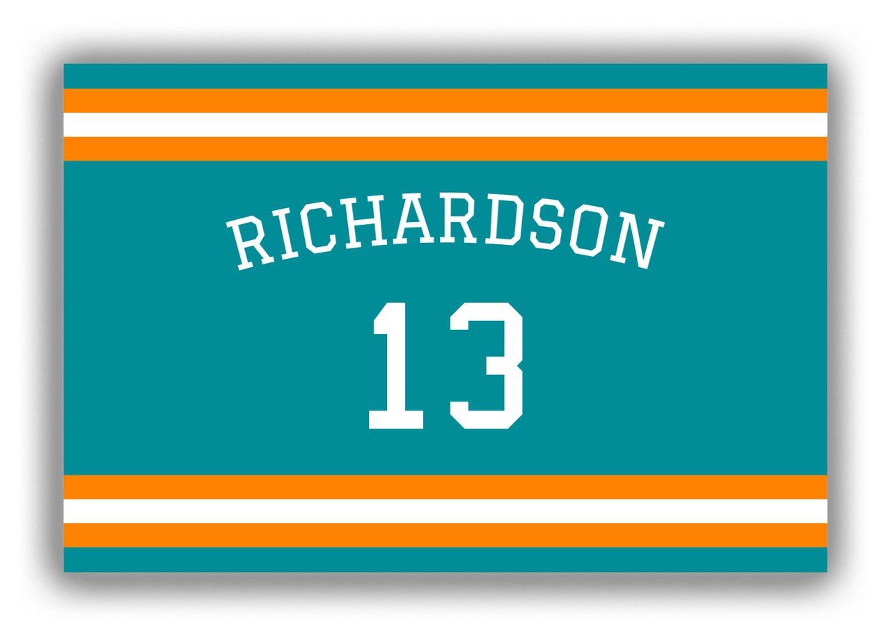 Personalized Canvas Wrap & Photo Print - Jersey Number with Arched Name - Teal and Orange - Single Stripe - Front View