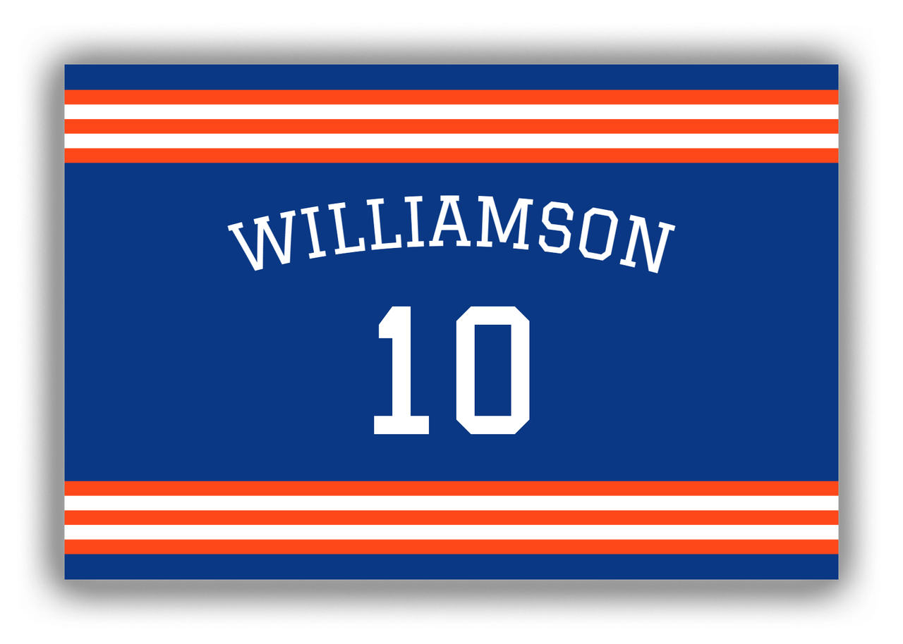 Personalized Canvas Wrap & Photo Print - Jersey Number with Arched Name - Blue and Orange - Double Stripe - Front View