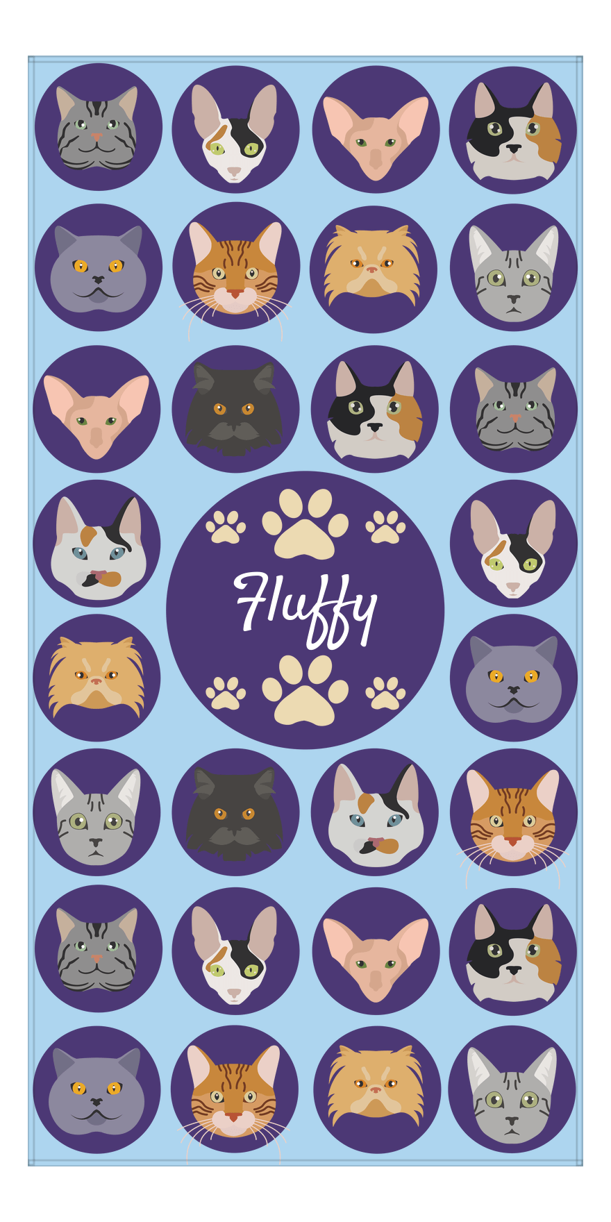 Personalized Cats Beach Towel I - Circle Cats - Blue Background - Front View