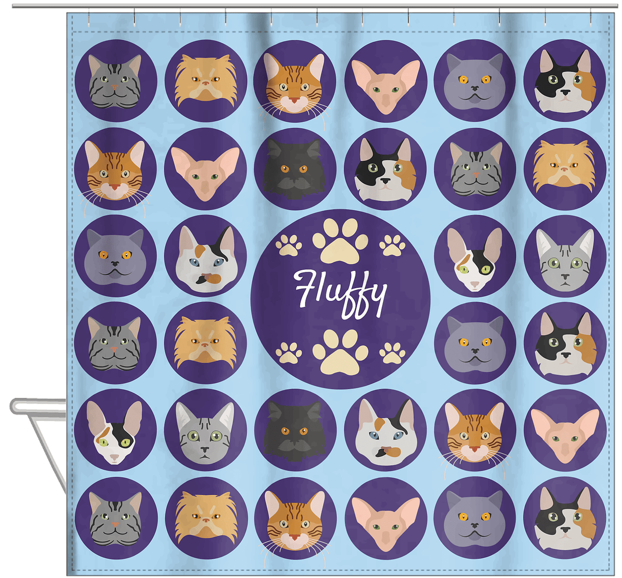 Personalized Cats Shower Curtain I - Circle Cats - Blue Background - Hanging View