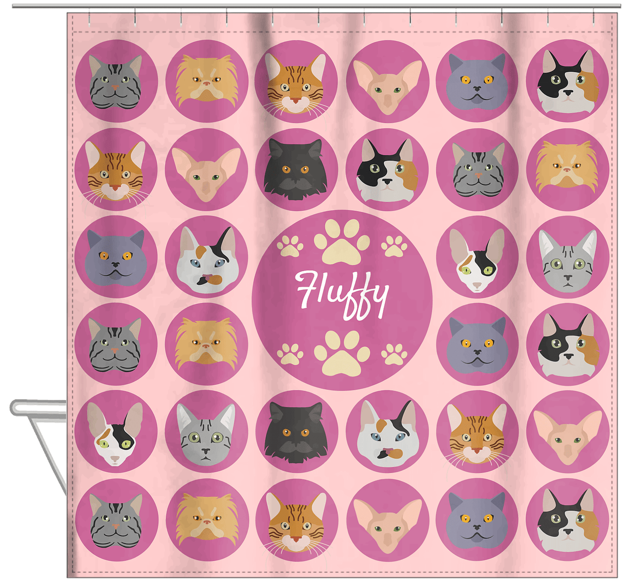 Personalized Cats Shower Curtain I - Circle Cats - Pink Background - Hanging View