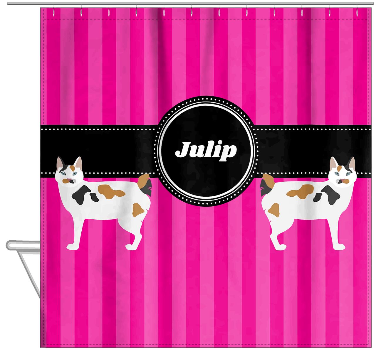Personalized Cats Shower Curtain II - Pink Stripes - Cat I - Hanging View