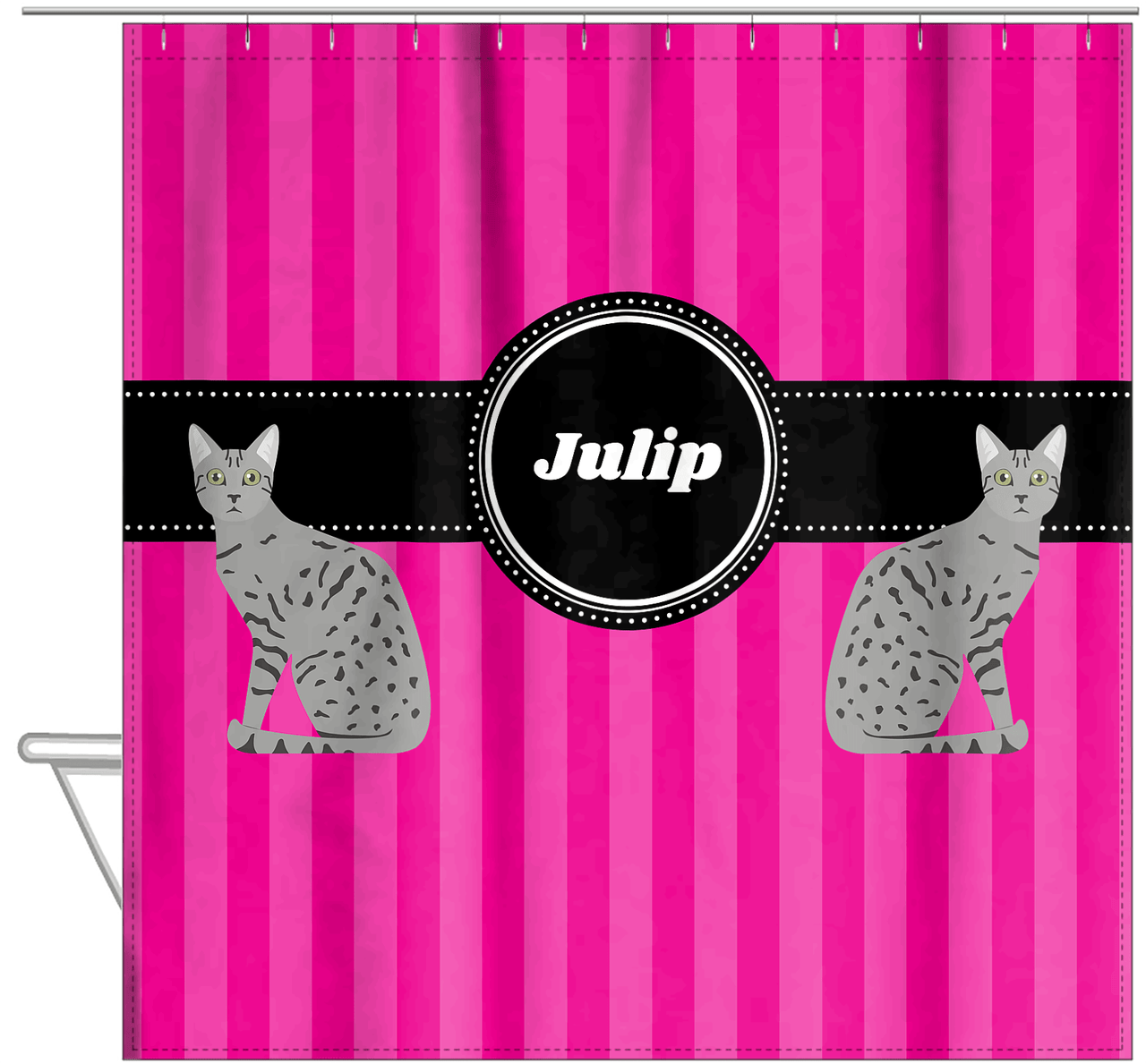 Personalized Cats Shower Curtain II - Pink Stripes - Cat III - Hanging View
