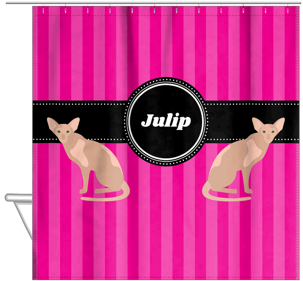 Personalized Cats Shower Curtain II - Pink Stripes - Cat IV - Hanging View