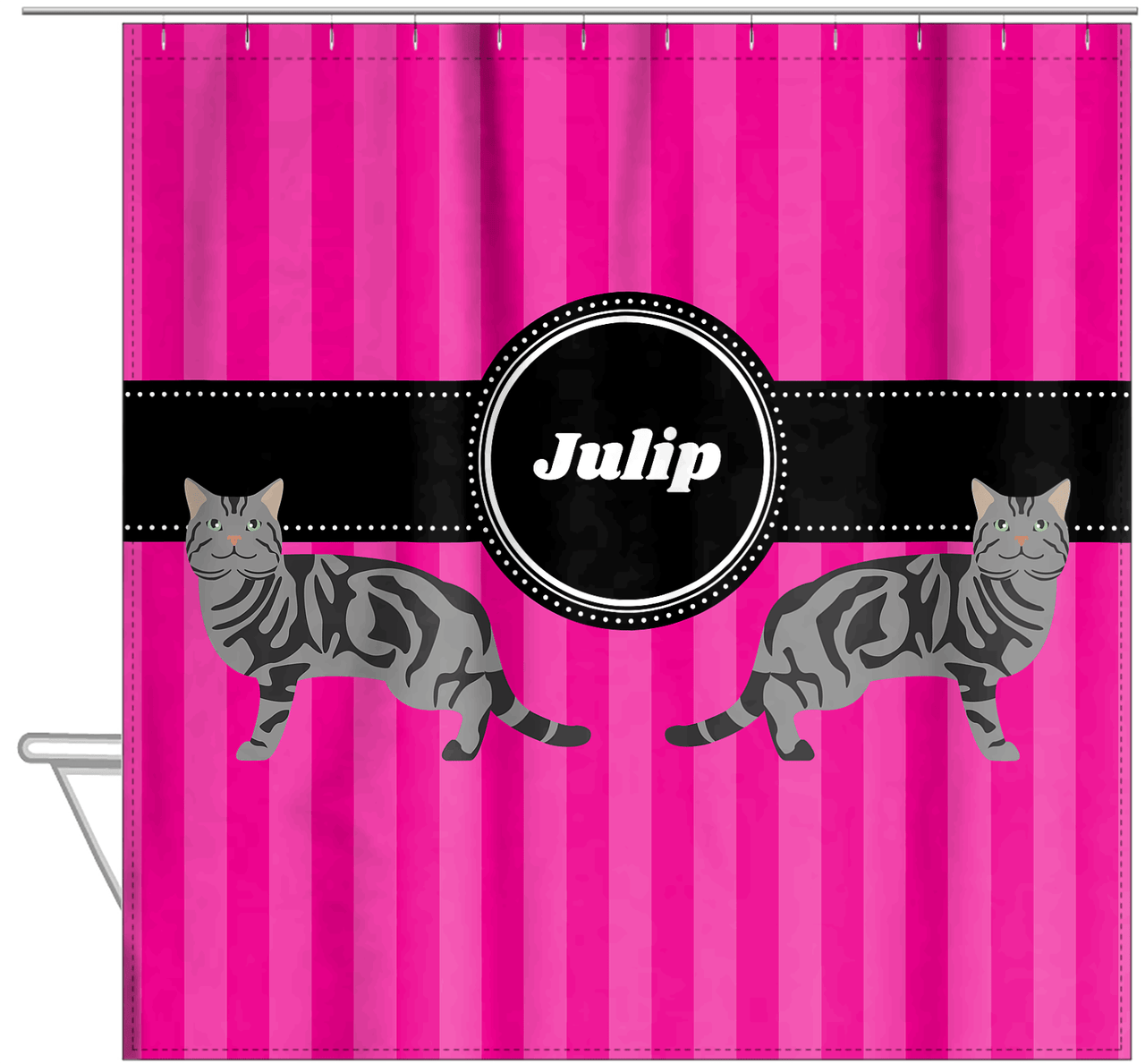 Personalized Cats Shower Curtain II - Pink Stripes - Cat V - Hanging View