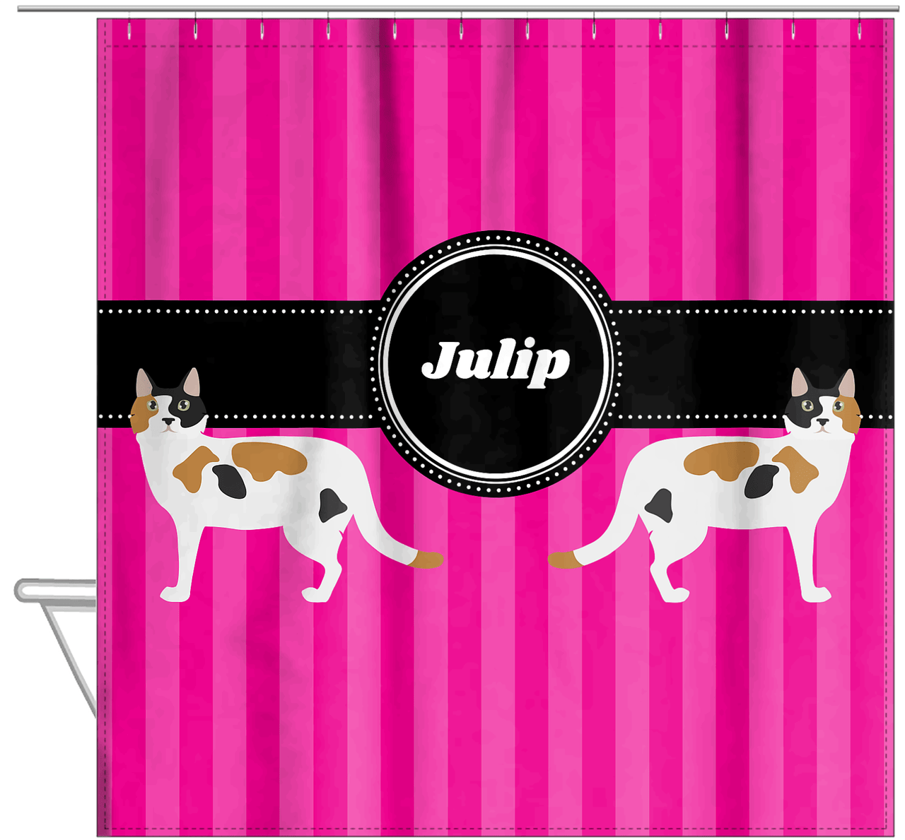 Personalized Cats Shower Curtain II - Pink Stripes - Cat VII - Hanging View