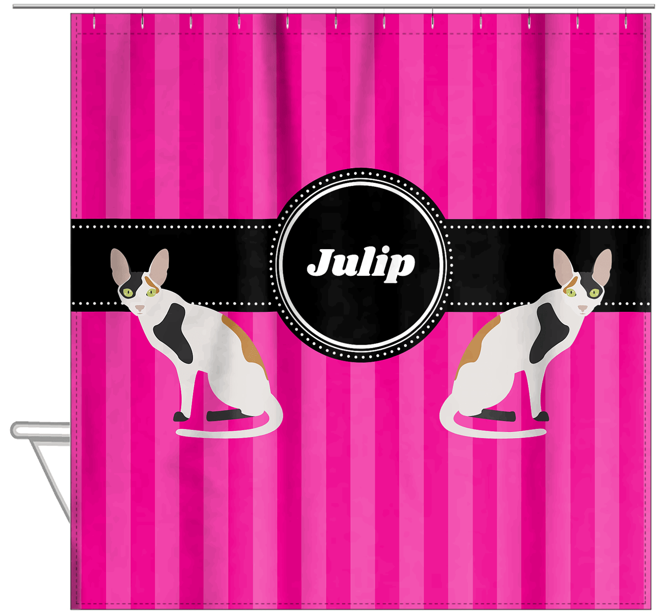 Personalized Cats Shower Curtain II - Pink Stripes - Cat IX - Hanging View