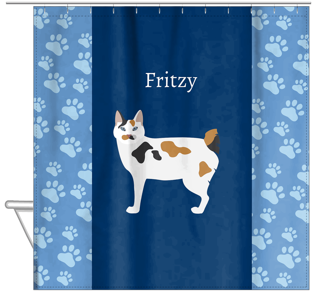 Personalized Cats Shower Curtain IV - Blue Background - Cat I - Hanging View