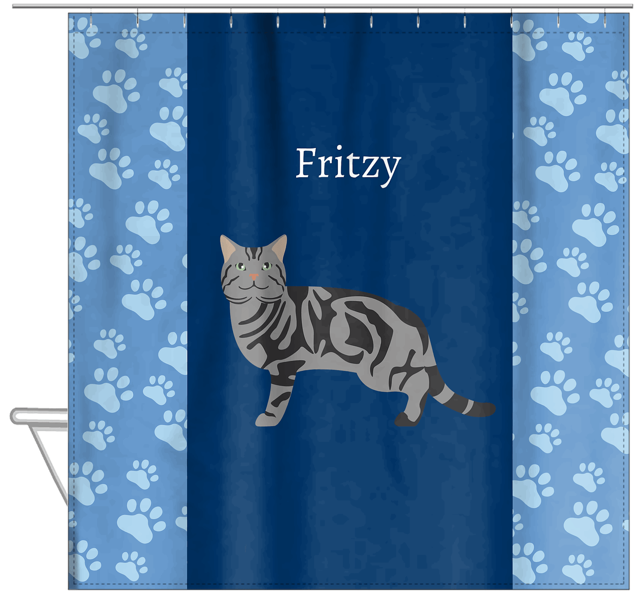 Personalized Cats Shower Curtain IV - Blue Background - Cat V - Hanging View