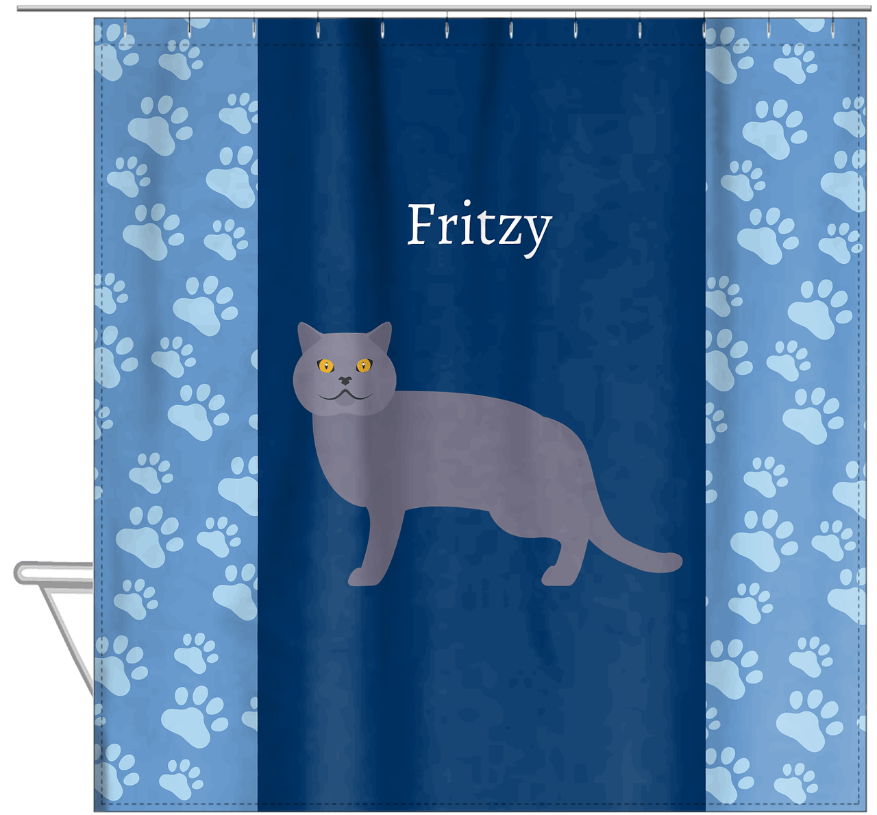 Personalized Cats Shower Curtain IV - Blue Background - Cat X - Hanging View