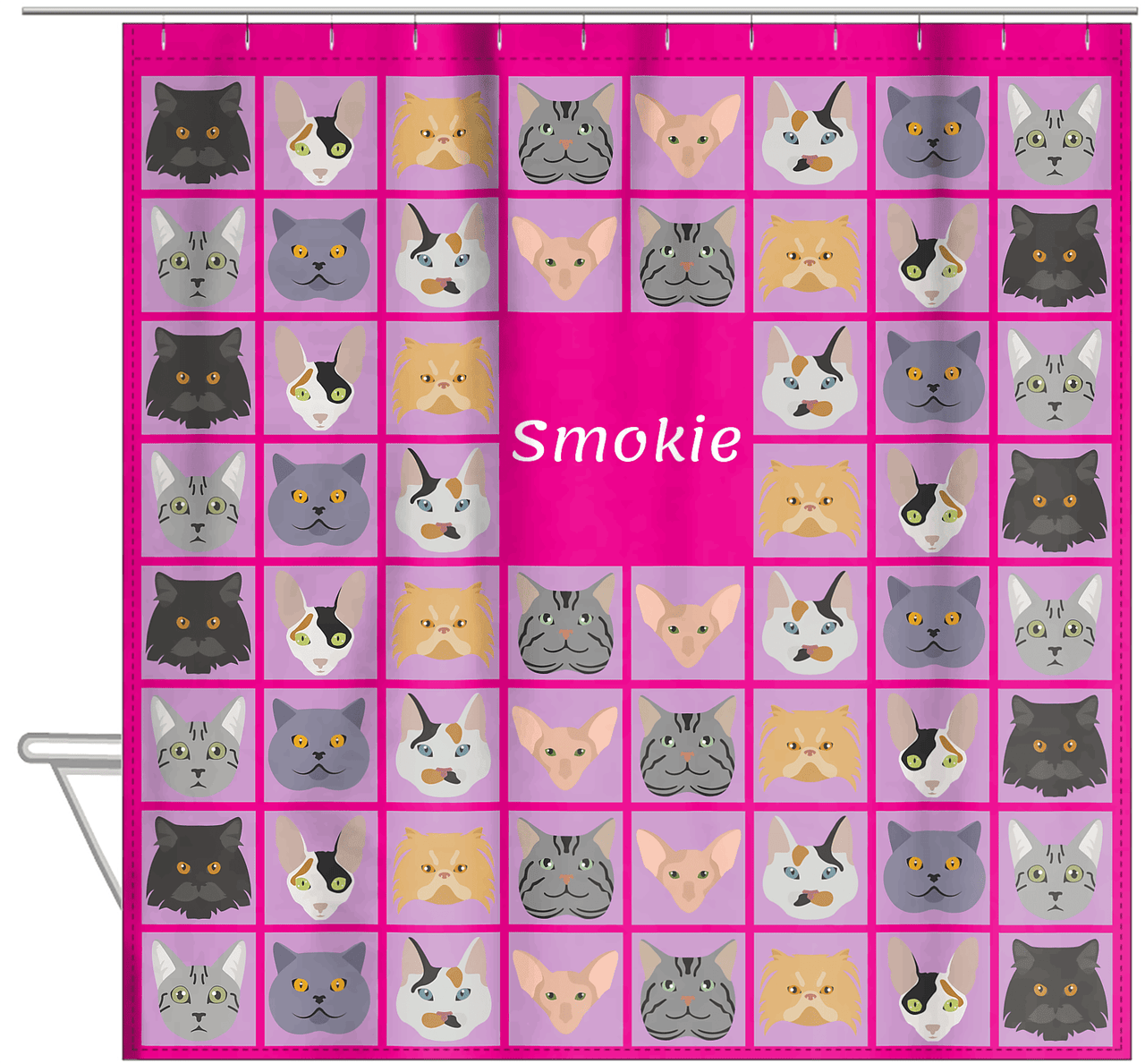 Personalized Cats Shower Curtain V - Cat Squares - Pink Background - Hanging View