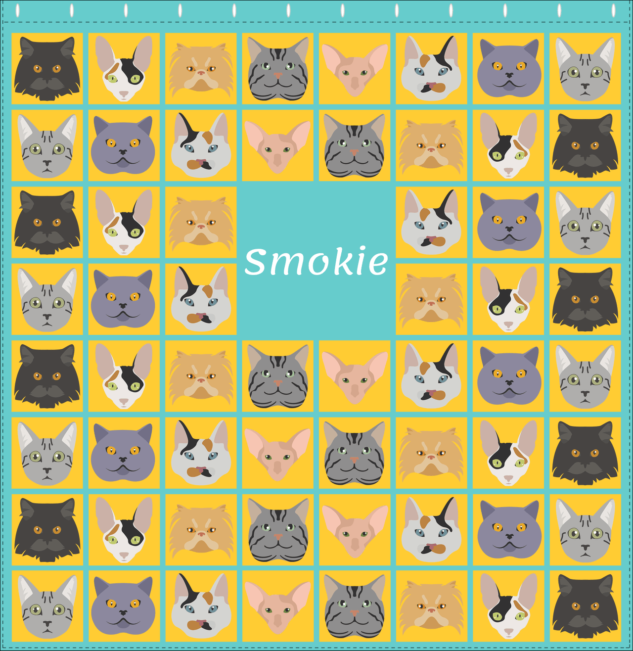 Personalized Cats Shower Curtain V - Cat Squares - Teal Background - Decorate View