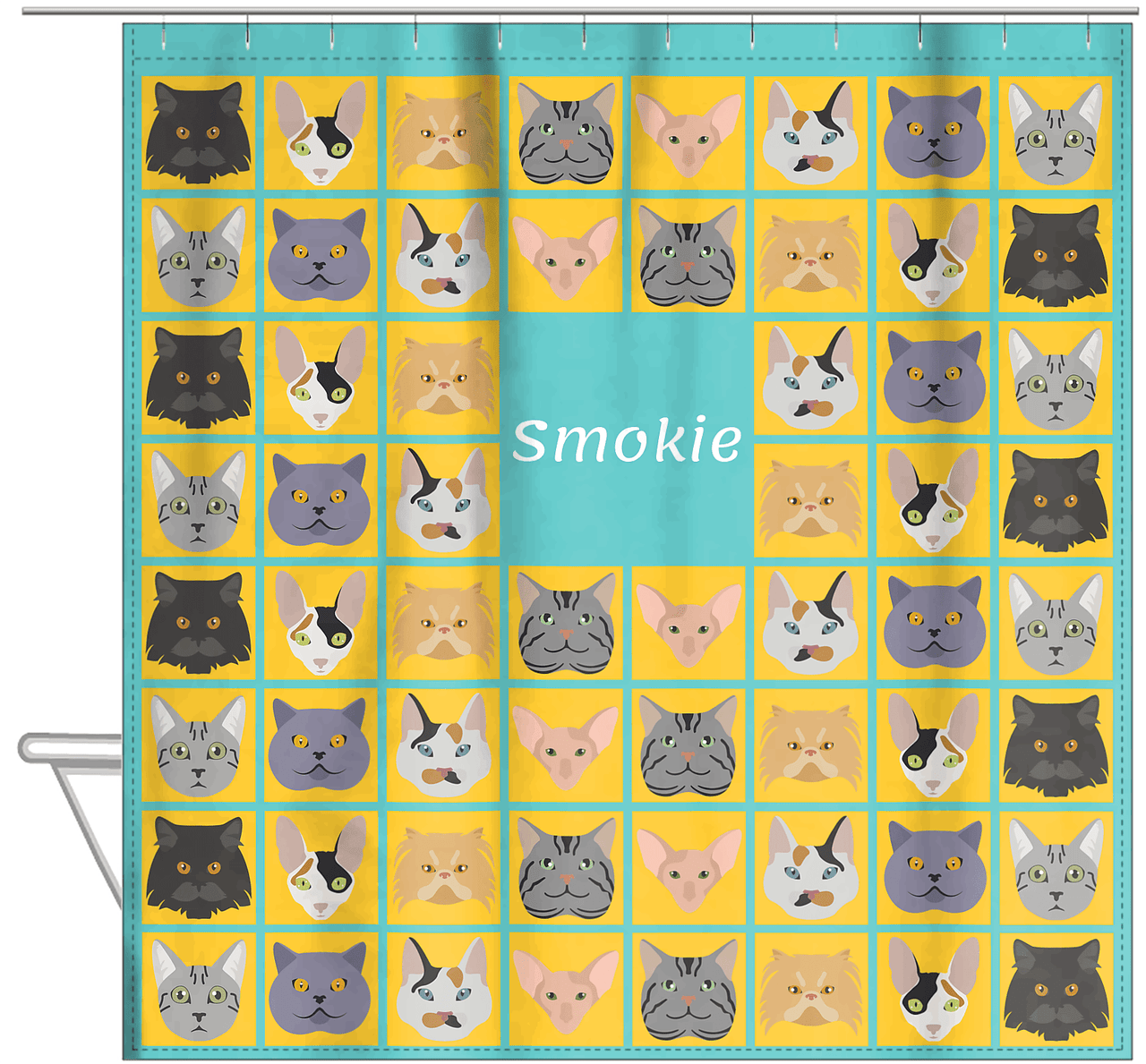 Personalized Cats Shower Curtain V - Cat Squares - Teal Background - Hanging View