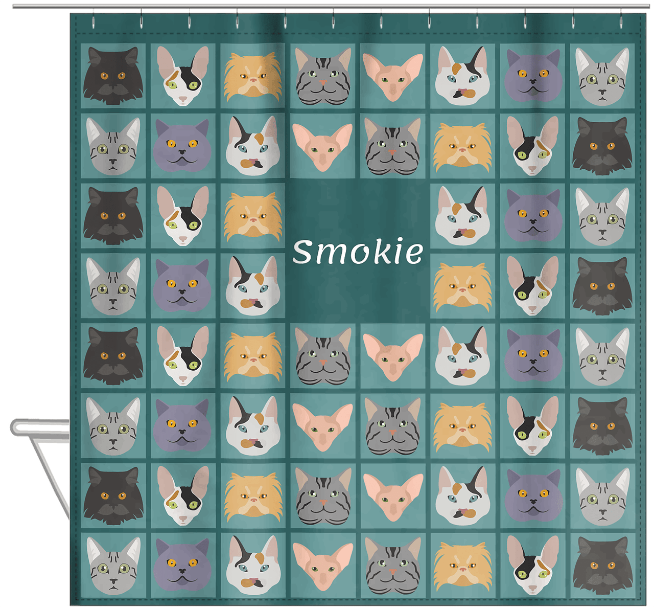 Personalized Cats Shower Curtain V - Cat Squares - Dark Teal Background - Hanging View