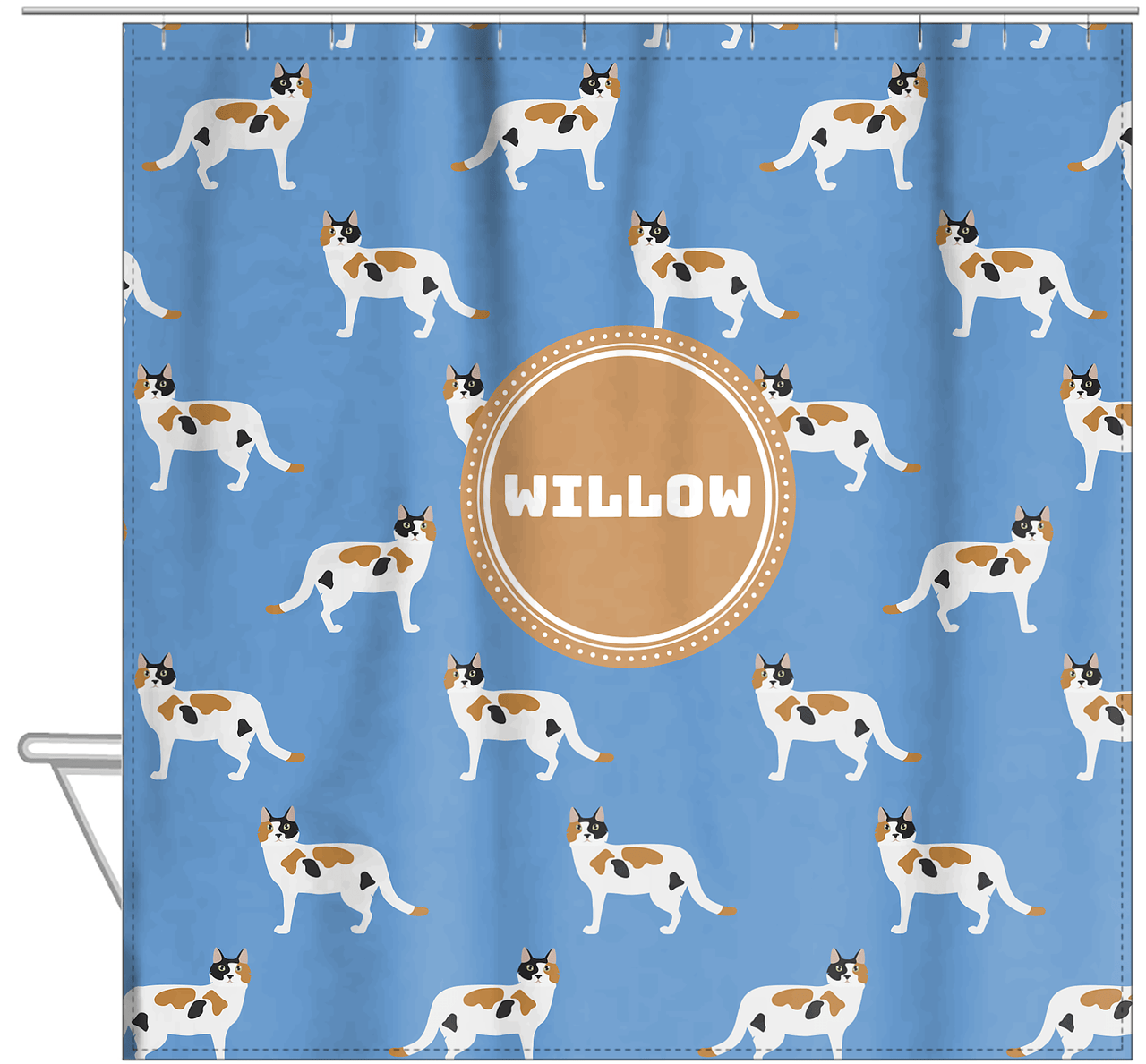 Personalized Cats Shower Curtain VI - Blue Background - Cat VII - Hanging View