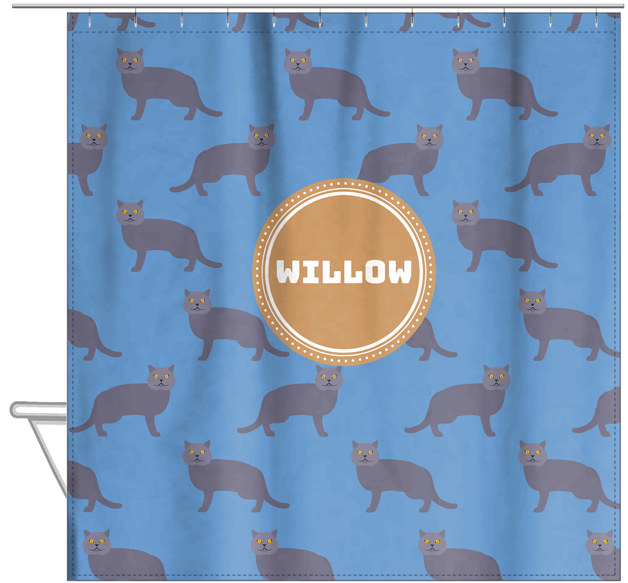 Personalized Cats Shower Curtain VI - Blue Background - Cat X - Hanging View