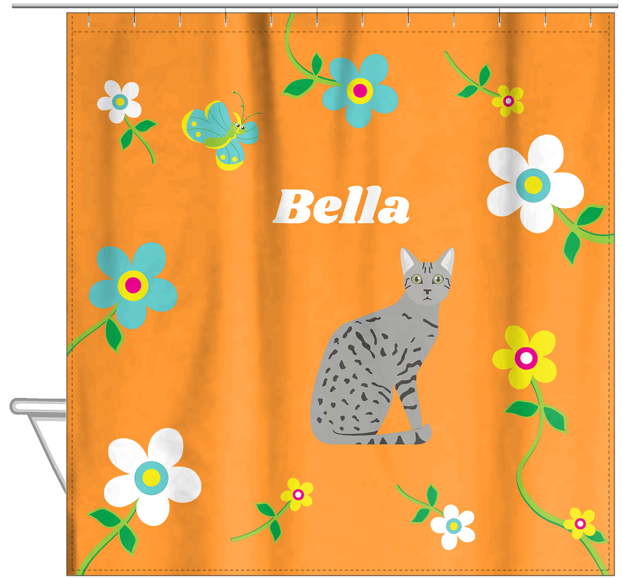 Personalized Cats Shower Curtain IX - Flower Feline - Cat III - Hanging View