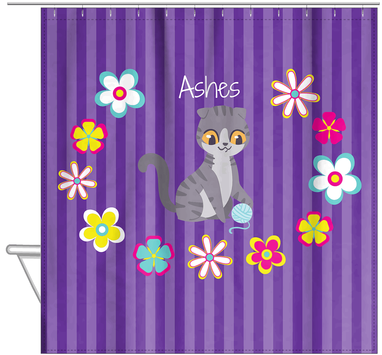 Personalized Cats Shower Curtain XII - Circle of Flowers - Cat IV - Hanging View