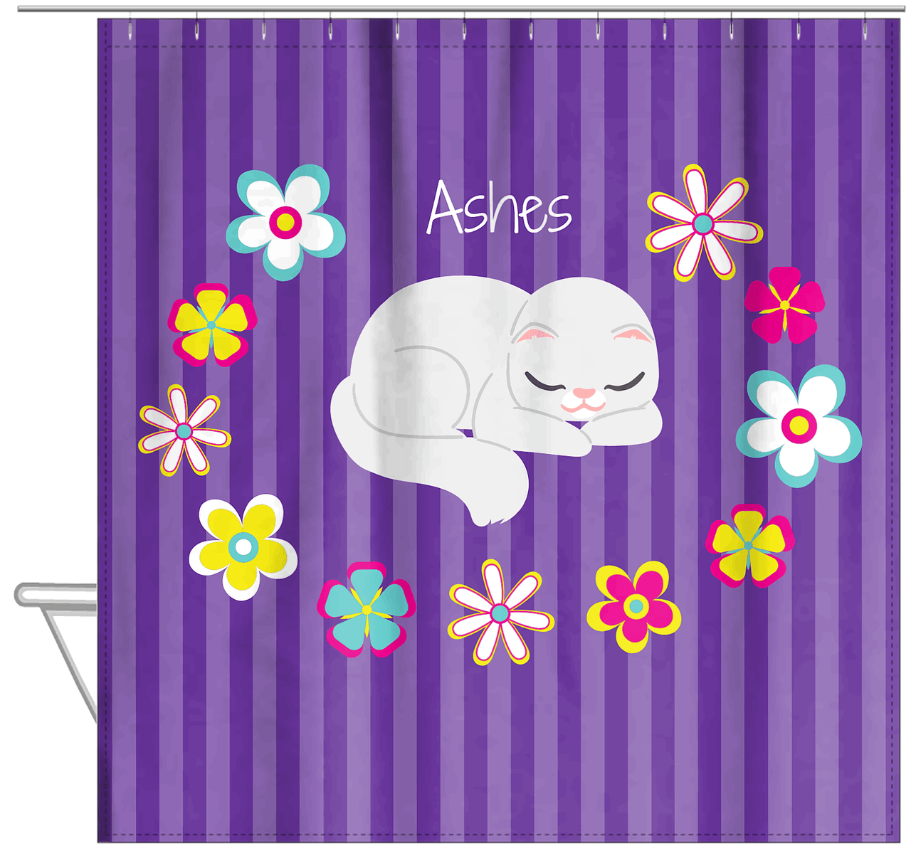 Personalized Cats Shower Curtain XII - Circle of Flowers - Cat VI - Hanging View