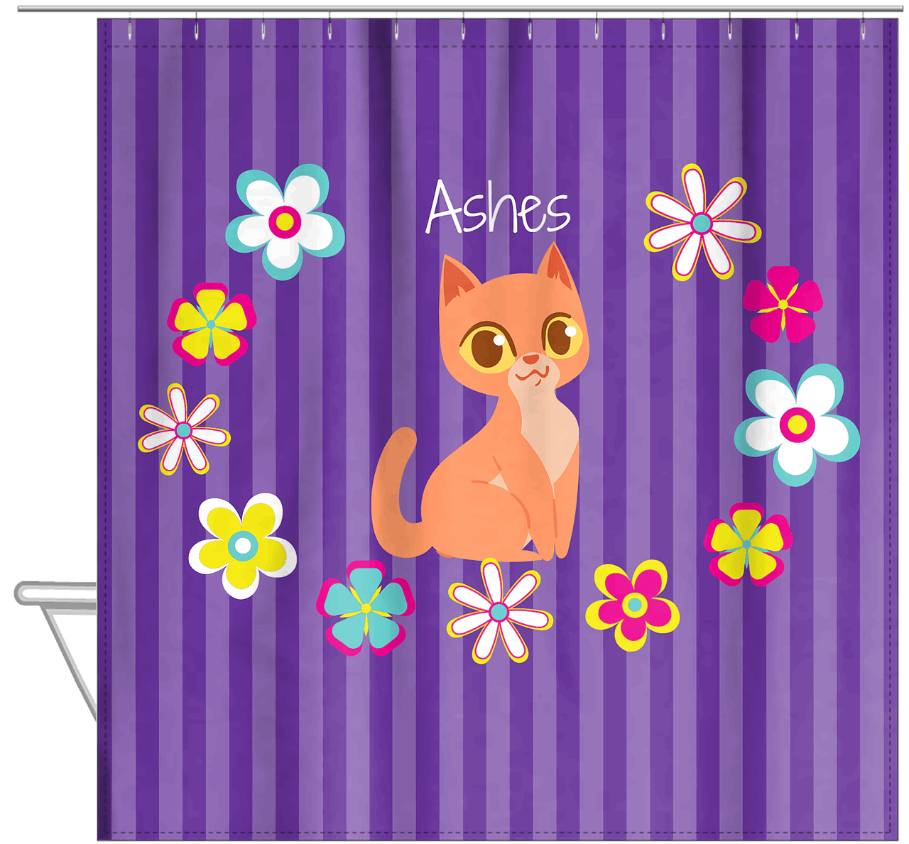 Personalized Cats Shower Curtain XII - Circle of Flowers - Cat VII - Hanging View