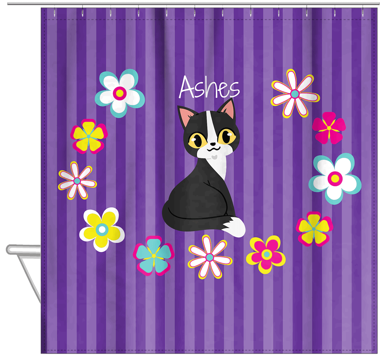 Personalized Cats Shower Curtain XII - Circle of Flowers - Cat IX - Hanging View