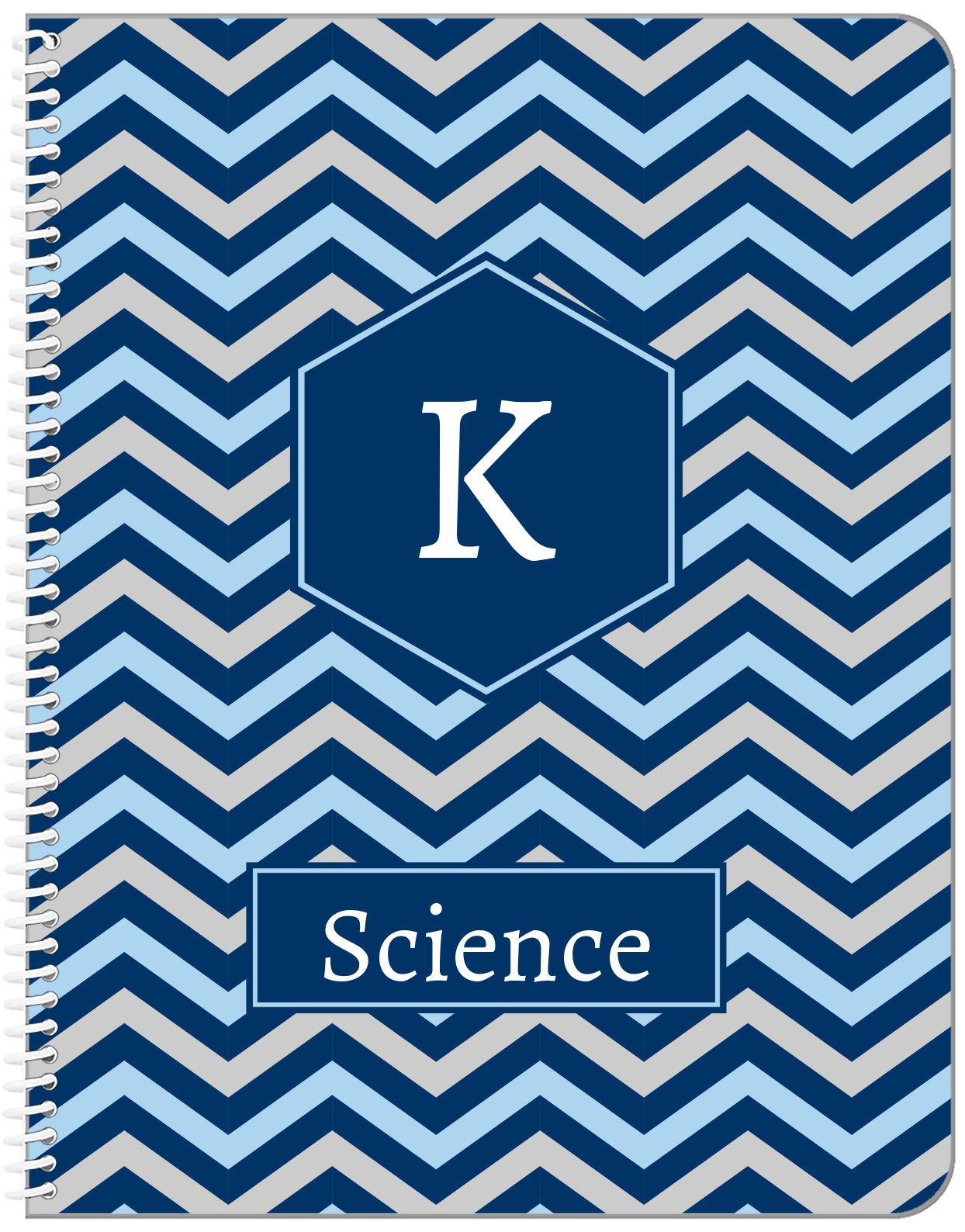Personalized Chevron Notebook - Blue and Grey - Hexagon Nameplate - Front View