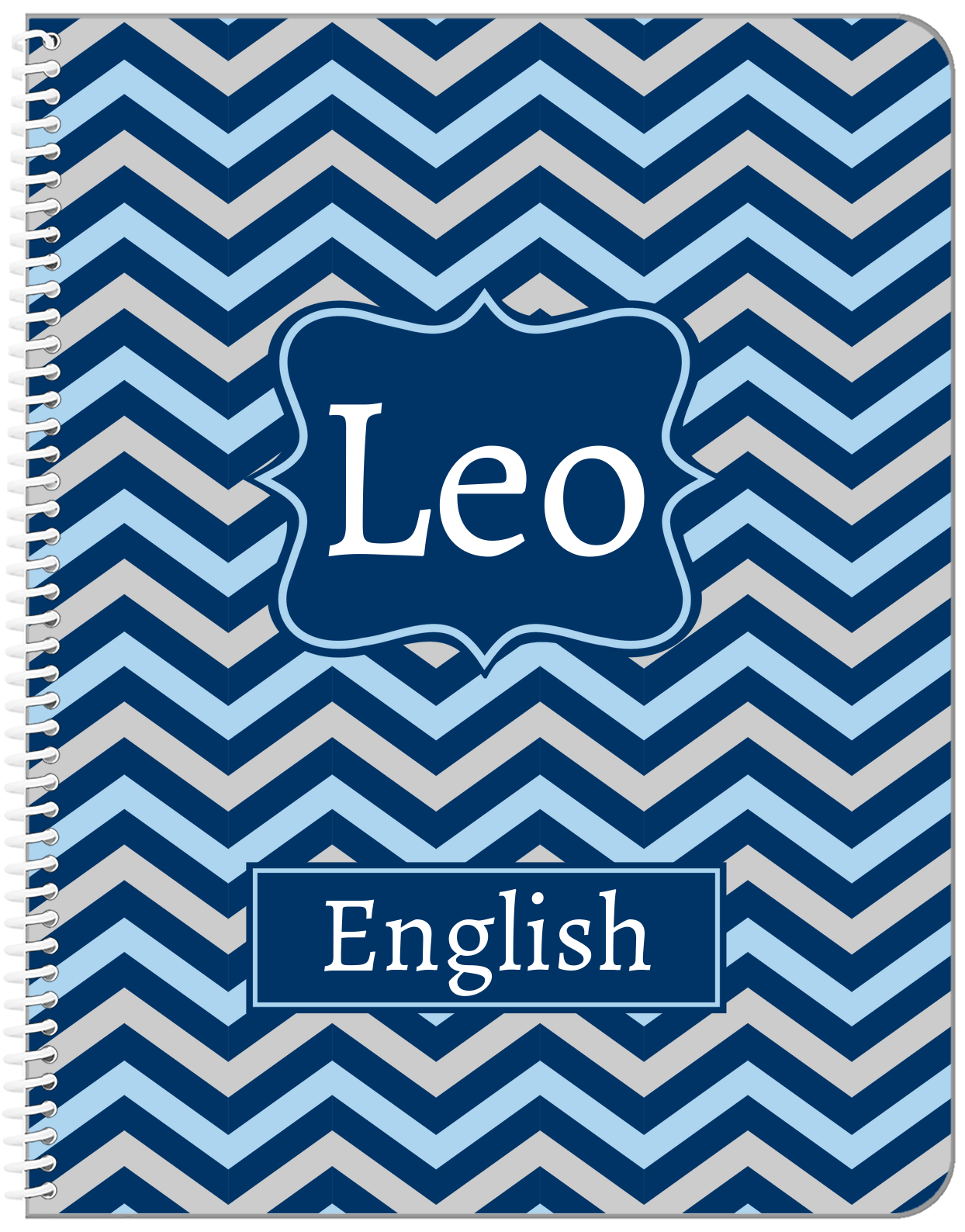 Personalized Chevron Notebook - Blue and Grey - Fancy Nameplate - Front View